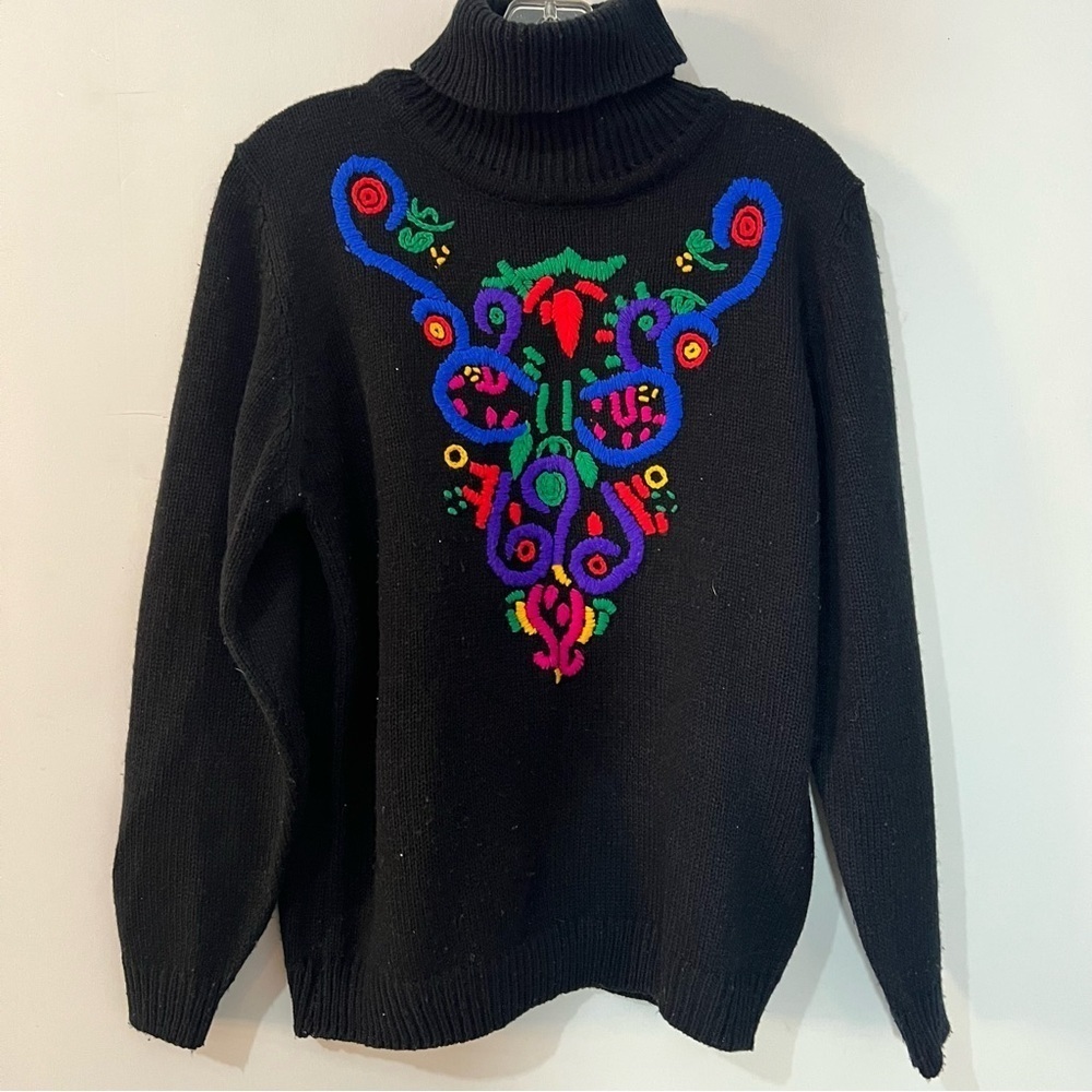 Vintage Embroidered Colorful Knit Sweater Holiday Turtleneck Funky Artsy Retro - Picture 6 of 13